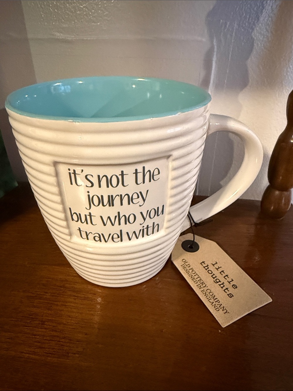 White Ceramic Mug with Aqua Interior and Inspirational Quote
